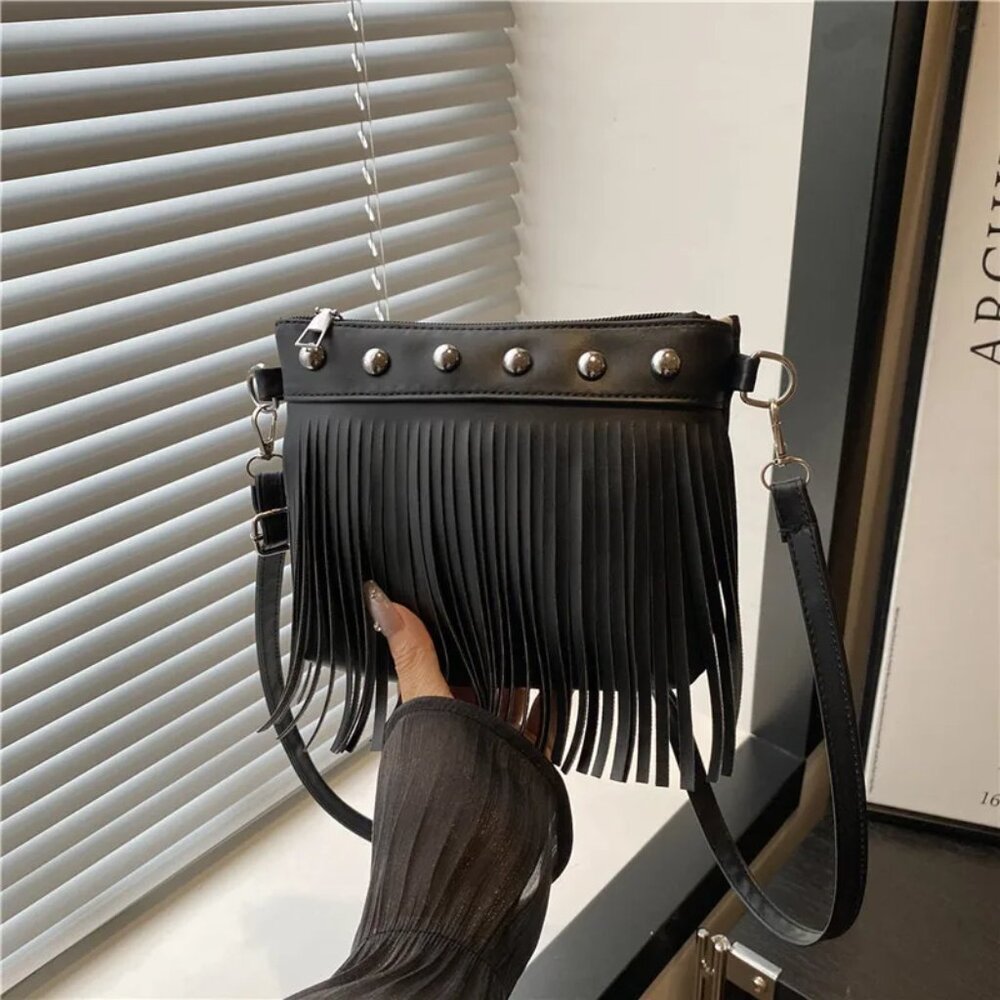 Black Fringe Crossbody Bag with Stud Accents